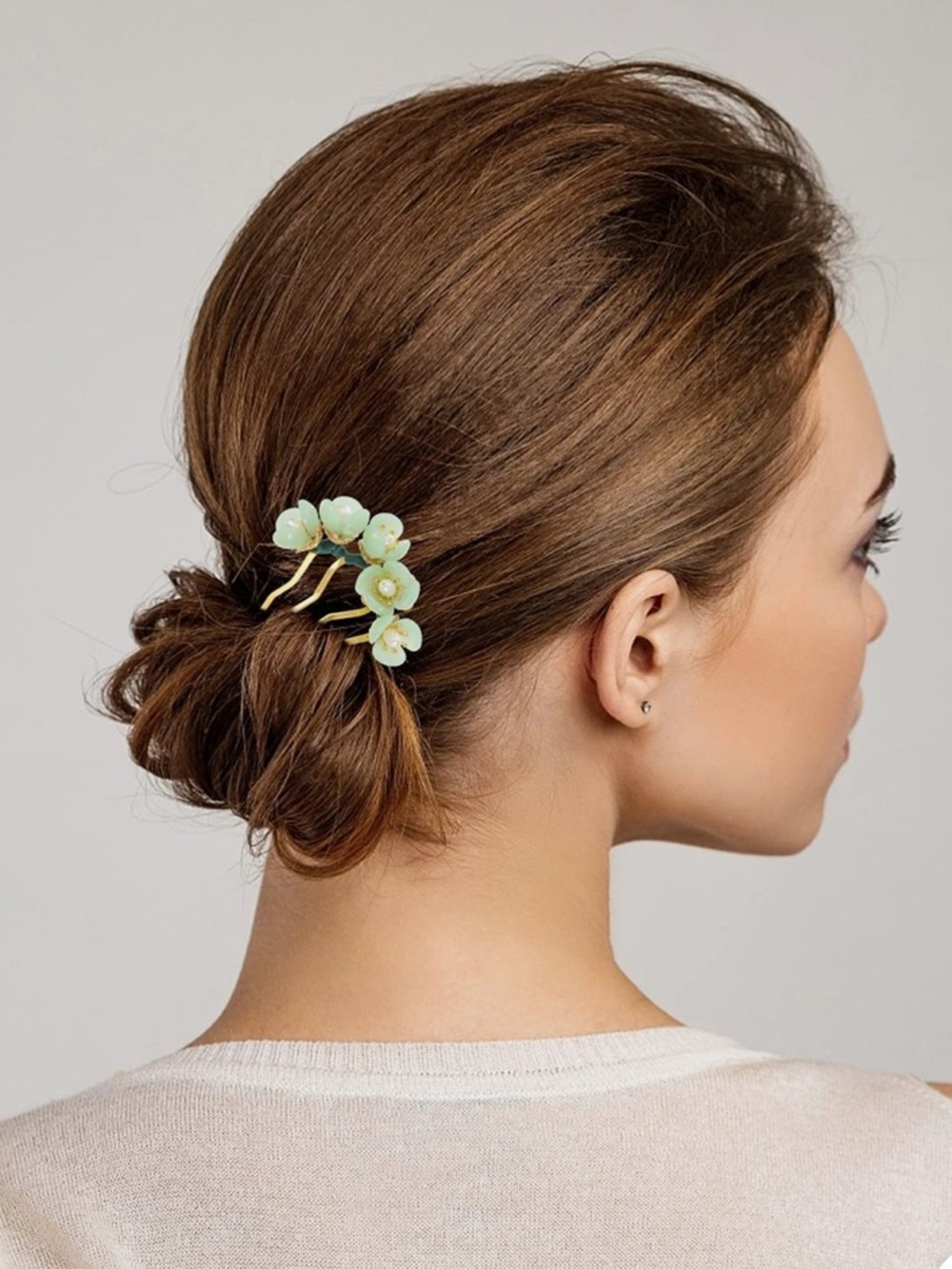 Green Jade Flower Hair Comb Pin With Pearls Accents- Hair Accessories